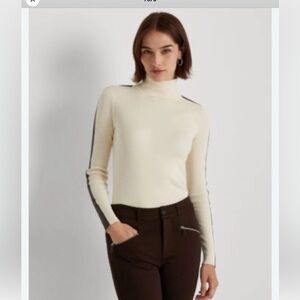 Lauren Ralph Lauren faux- leather Brown trim turtleneck sweater neck sweater
